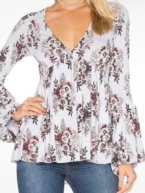 Free People Speakeasy Floral Bell Sleeve Low Cut Vee-Neck Empire Top Size M